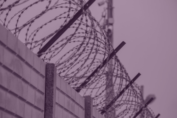 [ai] Close-up of a barbed wire fence topped with metal posts, set against a muted purple background.